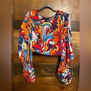 Love by Design Colorful Abstract Women's Cropped Bubble Sleeve Deep V Top